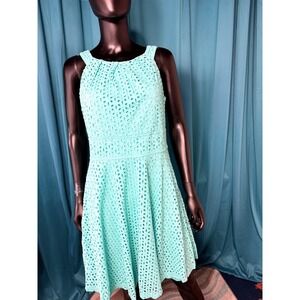 Dressbarn Aqua Blue Eyelet Sleeveless Fit & Flare Dress - Size 14
